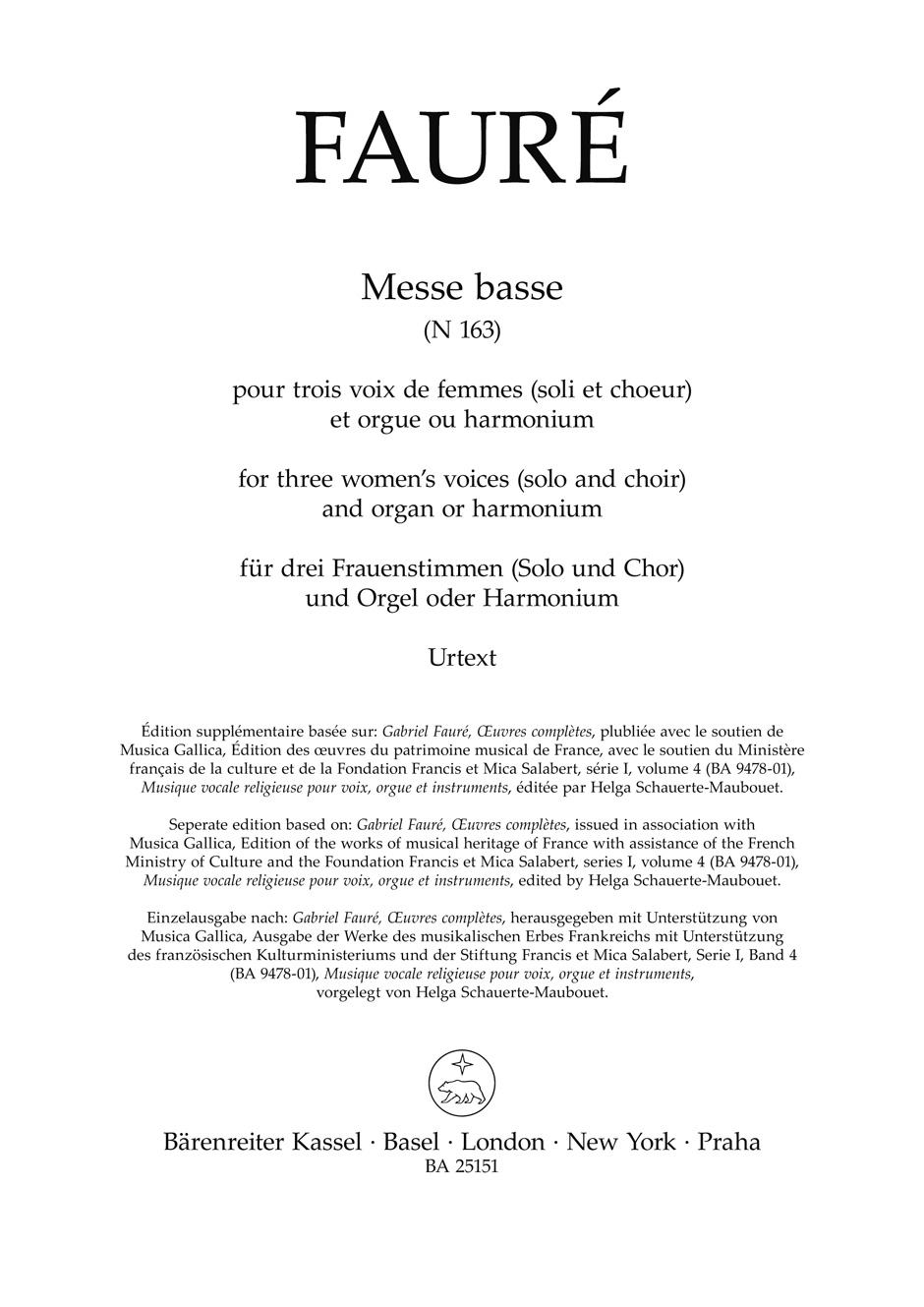 Messe basse for three female voices (solo and choir), and organ or harmonium N 163